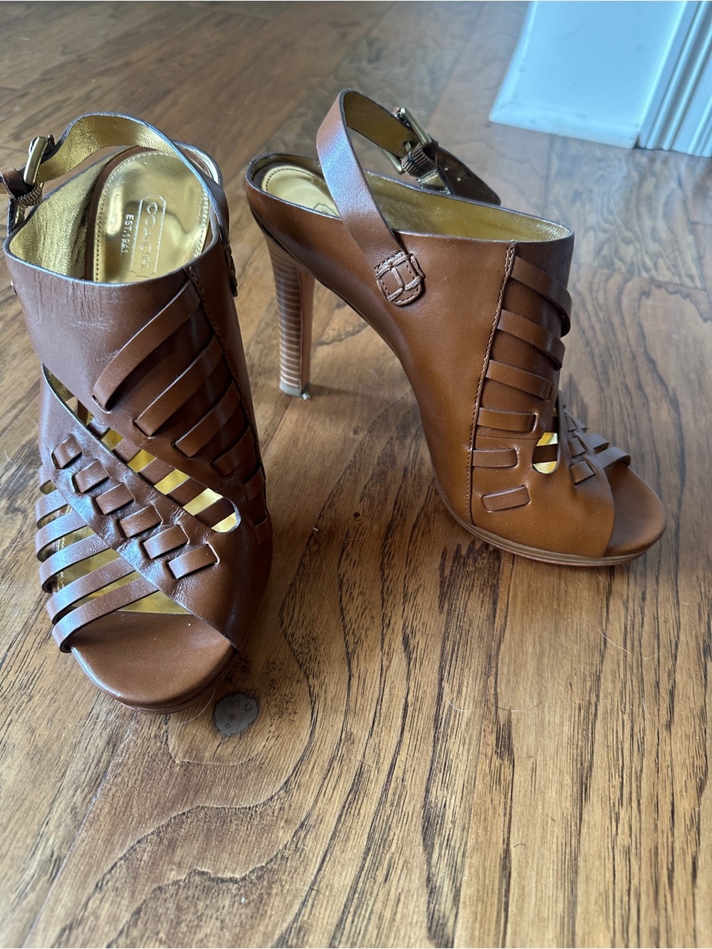 Coach Tan Leather Woven Slingback High Heels